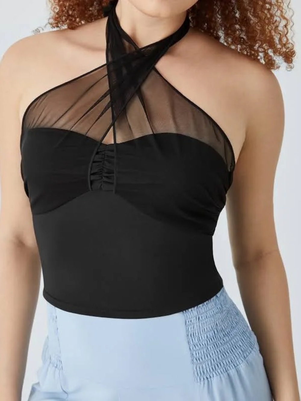 HALARA Black Halter Tie Back Ruched Mesh Tank Top